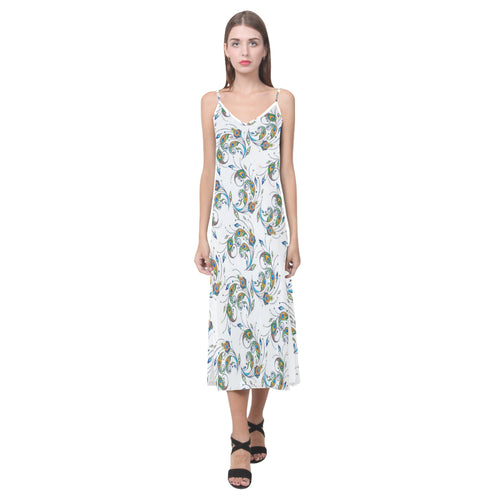 Peacock feather pattern V-Neck Open Fork Long Dress