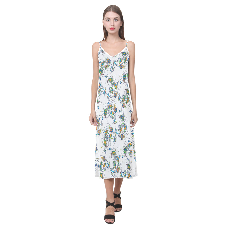 Peacock feather pattern V-Neck Open Fork Long Dress