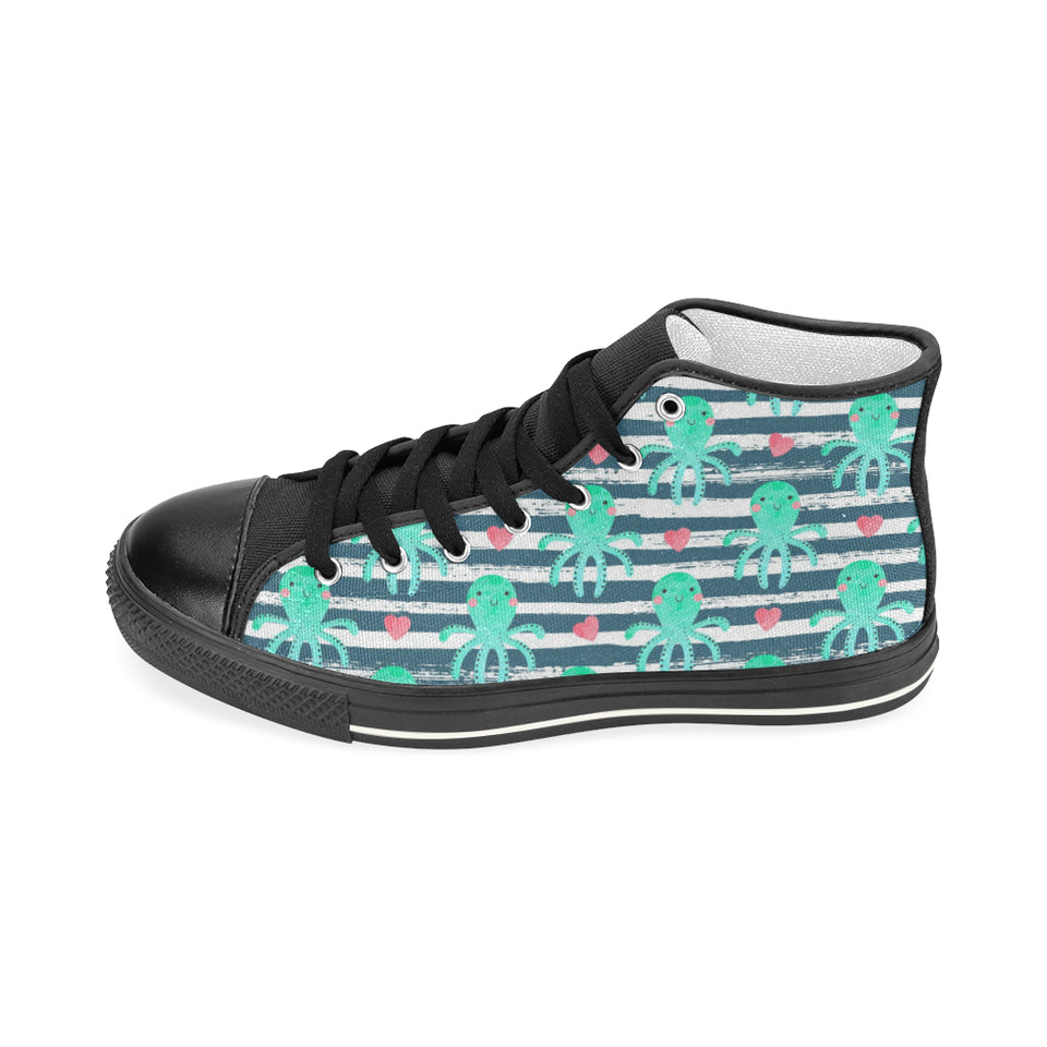 Cute octopuses heart striped background Women's High Top Canvas Shoes Black