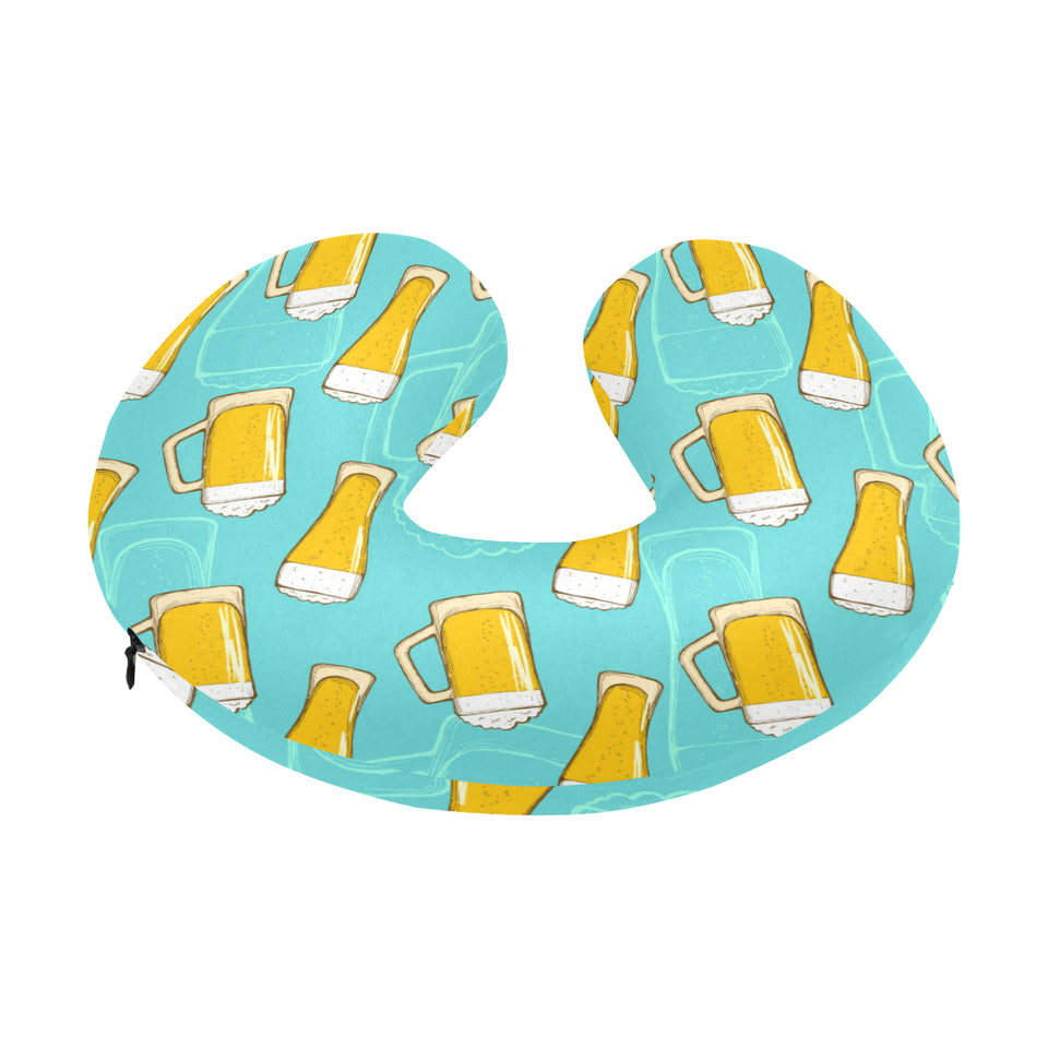 Beer pattern green background U-Shaped Travel Neck Pillow