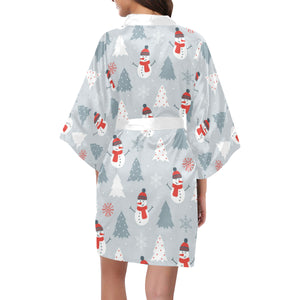 Snowman christmas  tree snow gray background Women's Short Kimono Robe