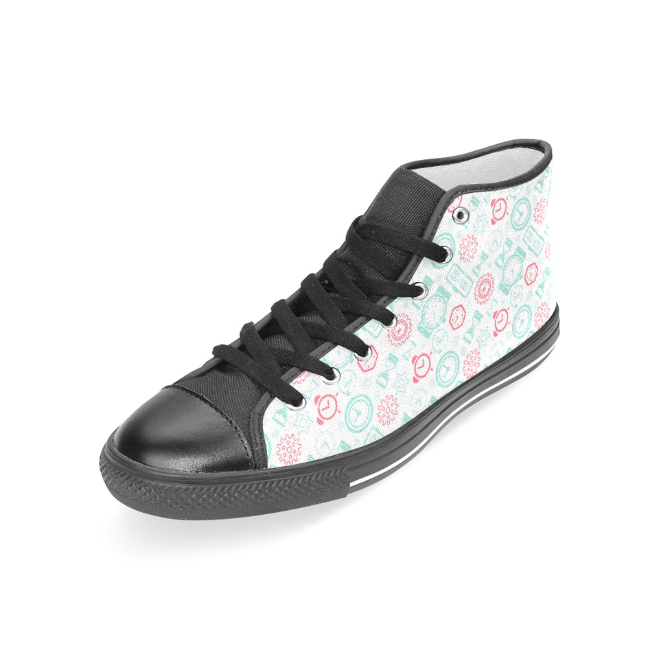 Clock time pattern blackground Women's High Top Canvas Shoes Black