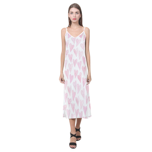 Watercolor pink heart pattern V-Neck Open Fork Long Dress