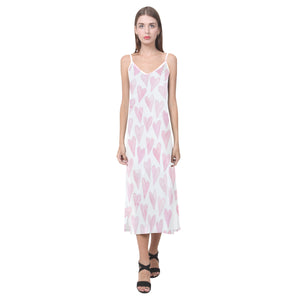 Watercolor pink heart pattern V-Neck Open Fork Long Dress