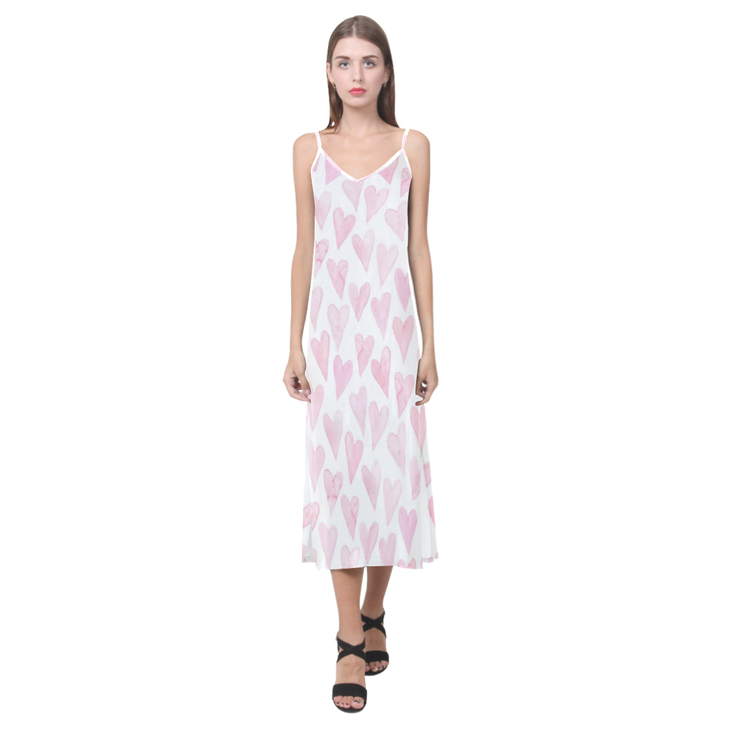 Watercolor pink heart pattern V-Neck Open Fork Long Dress
