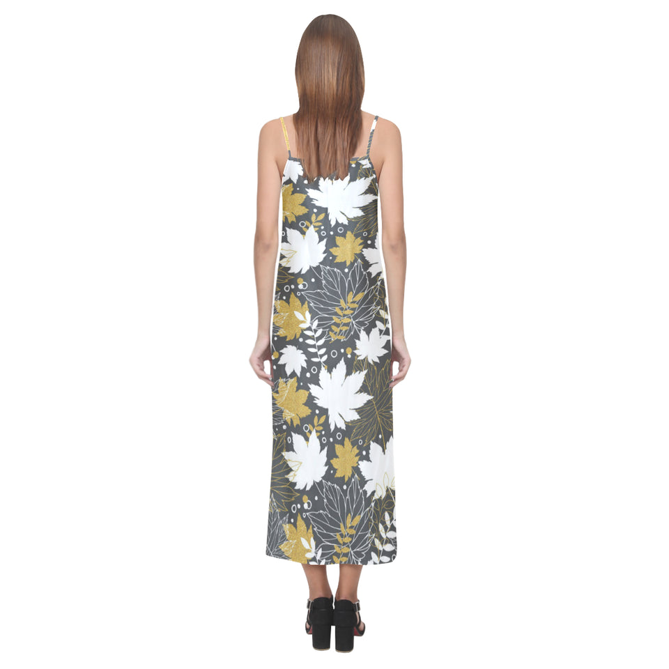 Beautiful gold autumn maple leaf pattern V-Neck Open Fork Long Dress