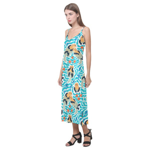 Cute sea otters fishe sea urchin pattern V-Neck Open Fork Long Dress