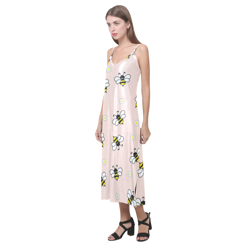 Cute bee flower pattern pink background V-Neck Open Fork Long Dress