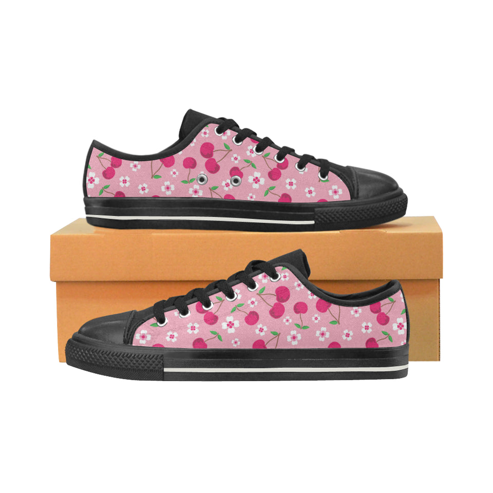 cherry flower pattern pink background Men's Low Top Canvas Shoes Black