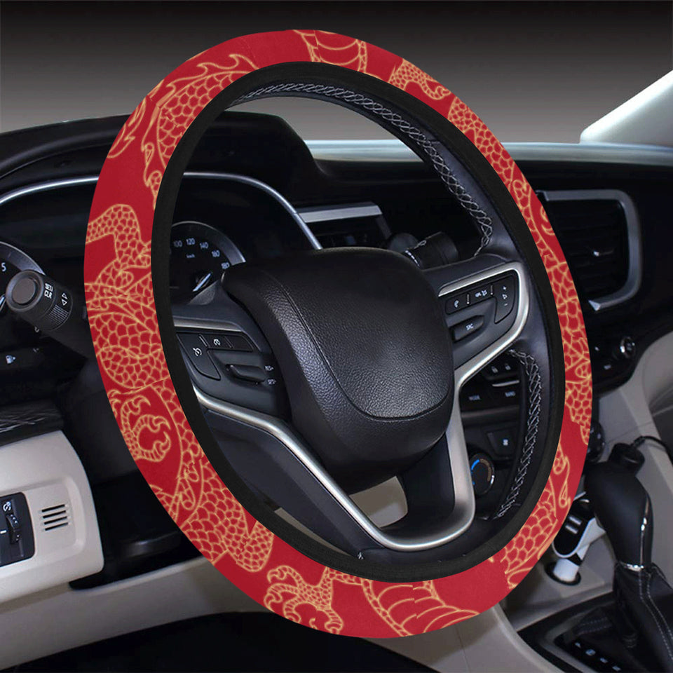 Gold dragons red background Car Steering Wheel Cover