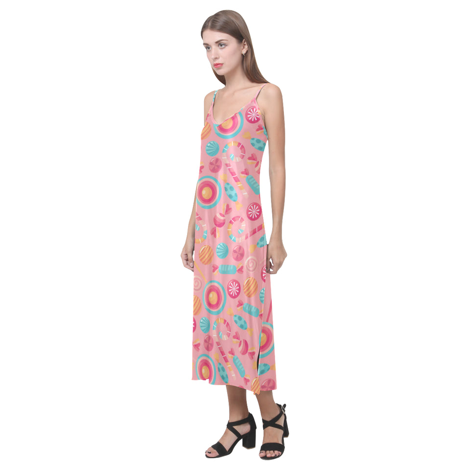Colorful candy pattern V-Neck Open Fork Long Dress