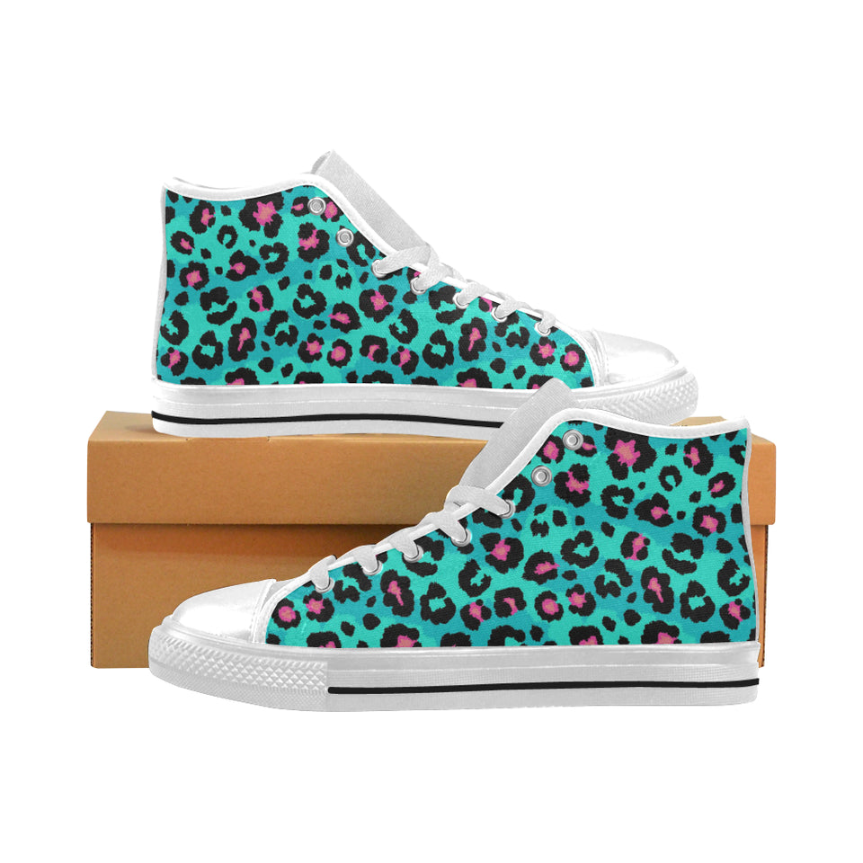 Green leopard skin print pattern Men's High Top Canvas Shoes White