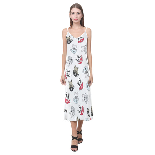 French bulldog cup paw pattern V-Neck Open Fork Long Dress
