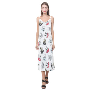 French bulldog cup paw pattern V-Neck Open Fork Long Dress