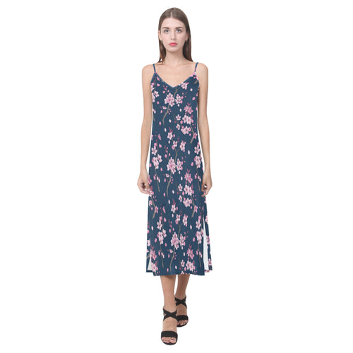 Pink sakura cherry blossom blue background V-Neck Open Fork Long Dress