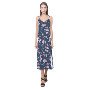 Pink sakura cherry blossom blue background V-Neck Open Fork Long Dress