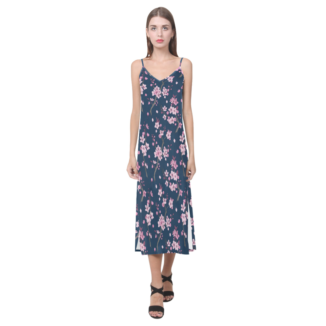 Pink sakura cherry blossom blue background V-Neck Open Fork Long Dress