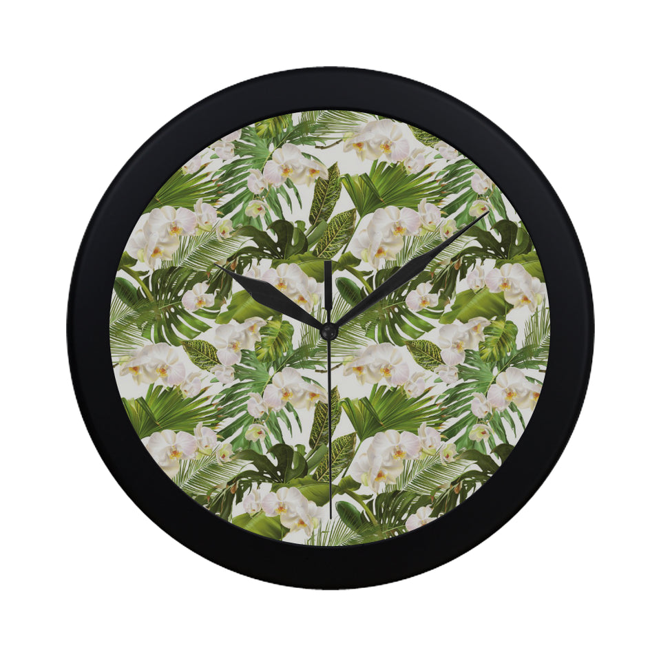 White orchid flower tropical leaves pattern Elegant Black Wall Clock