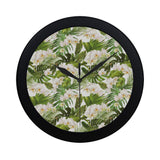 White orchid flower tropical leaves pattern Elegant Black Wall Clock