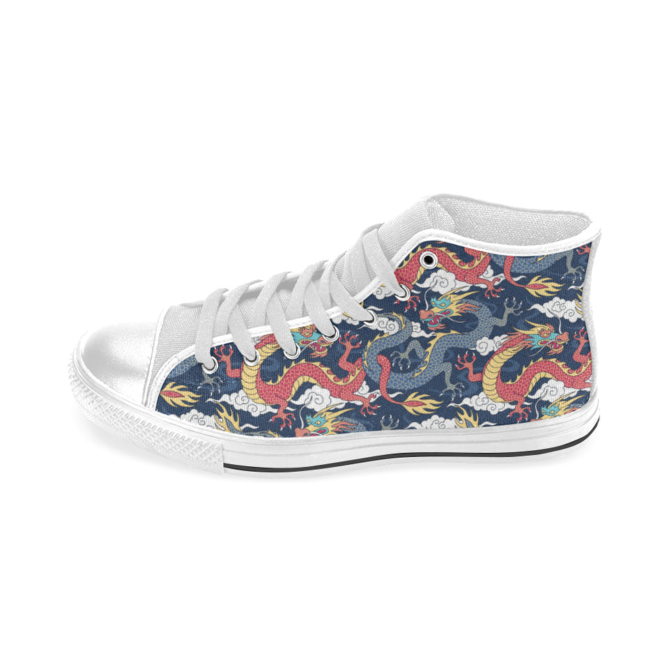 Blue red dragon cloud pattern Men's High Top Canvas Shoes White