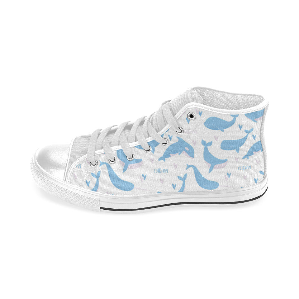 Blue whale pattern Men's High Top Canvas Shoes White