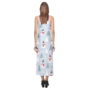 Snowman christmas  tree snow gray background V-Neck Open Fork Long Dress