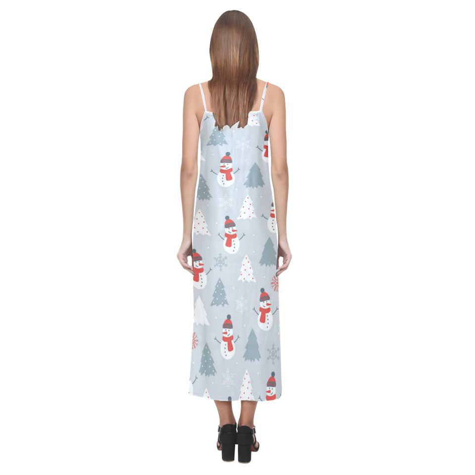 Snowman christmas  tree snow gray background V-Neck Open Fork Long Dress