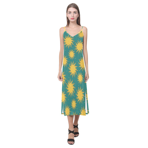 Sun green background V-Neck Open Fork Long Dress