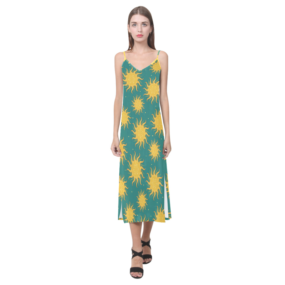 Sun green background V-Neck Open Fork Long Dress