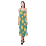Sun green background V-Neck Open Fork Long Dress