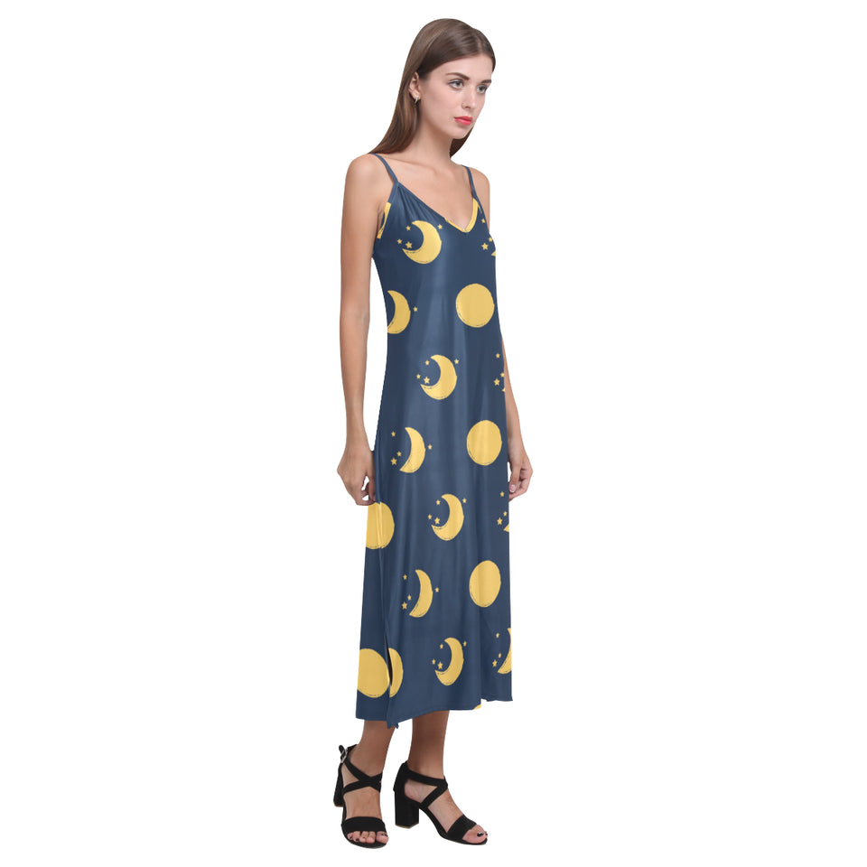 Moon star pattern V-Neck Open Fork Long Dress