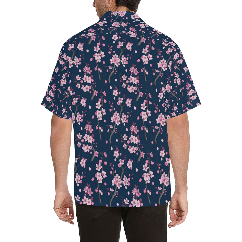 Pink sakura cherry blossom blue background Men's All Over Print Hawaiian Shirt