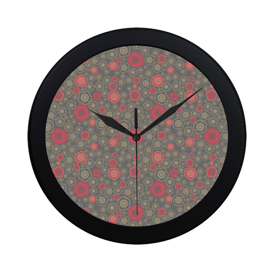 Red gold Sakura cherry blossom gray background Elegant Black Wall Clock