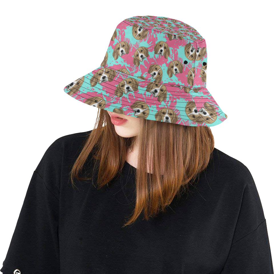Beagle muzzles turquoise paint splashes pink patte Unisex Bucket Hat