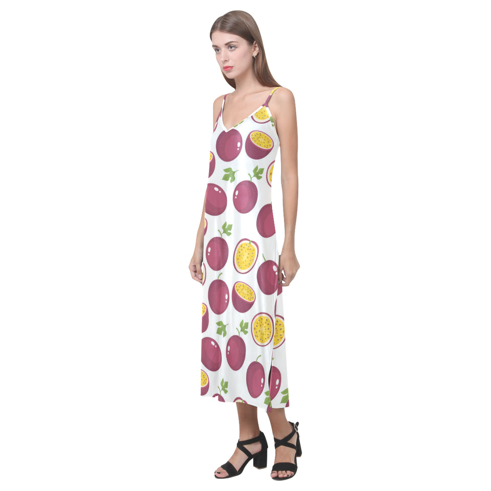 Passion fruit design pattern V-Neck Open Fork Long Dress