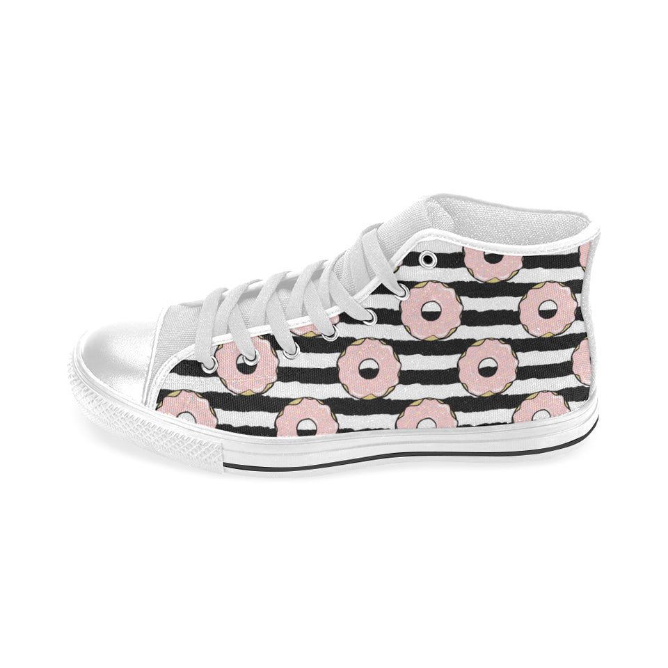 Donuts pink icing striped pattern Men's High Top Canvas Shoes White