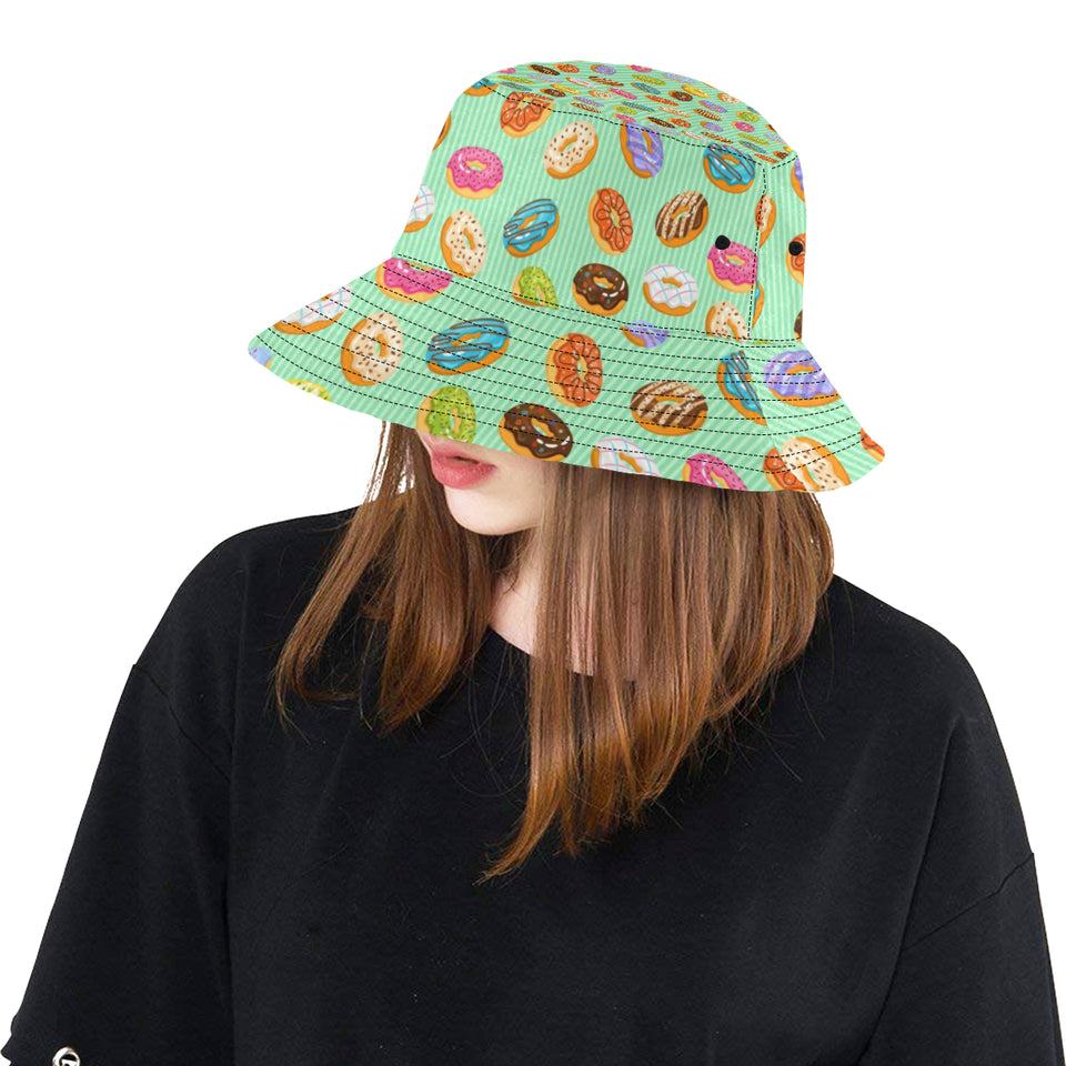 Colorful donut pattern green background Unisex Bucket Hat