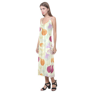 Onion garlic white red pattern V-Neck Open Fork Long Dress