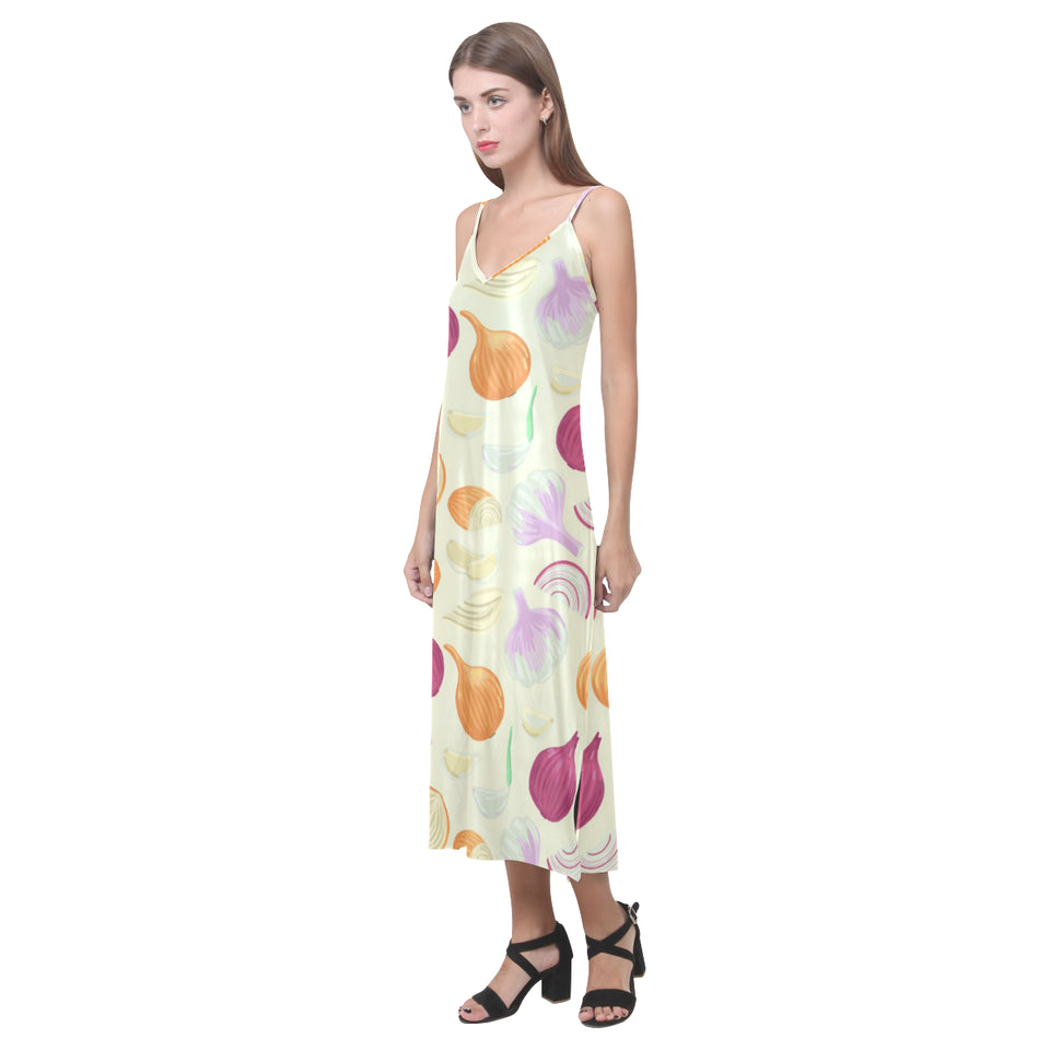 Onion garlic white red pattern V-Neck Open Fork Long Dress