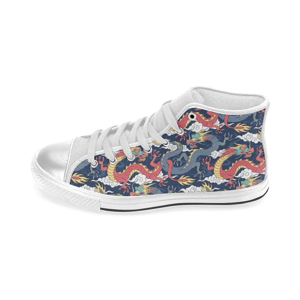 Blue red dragon cloud pattern Women's High Top Canvas Canvas Shoes White