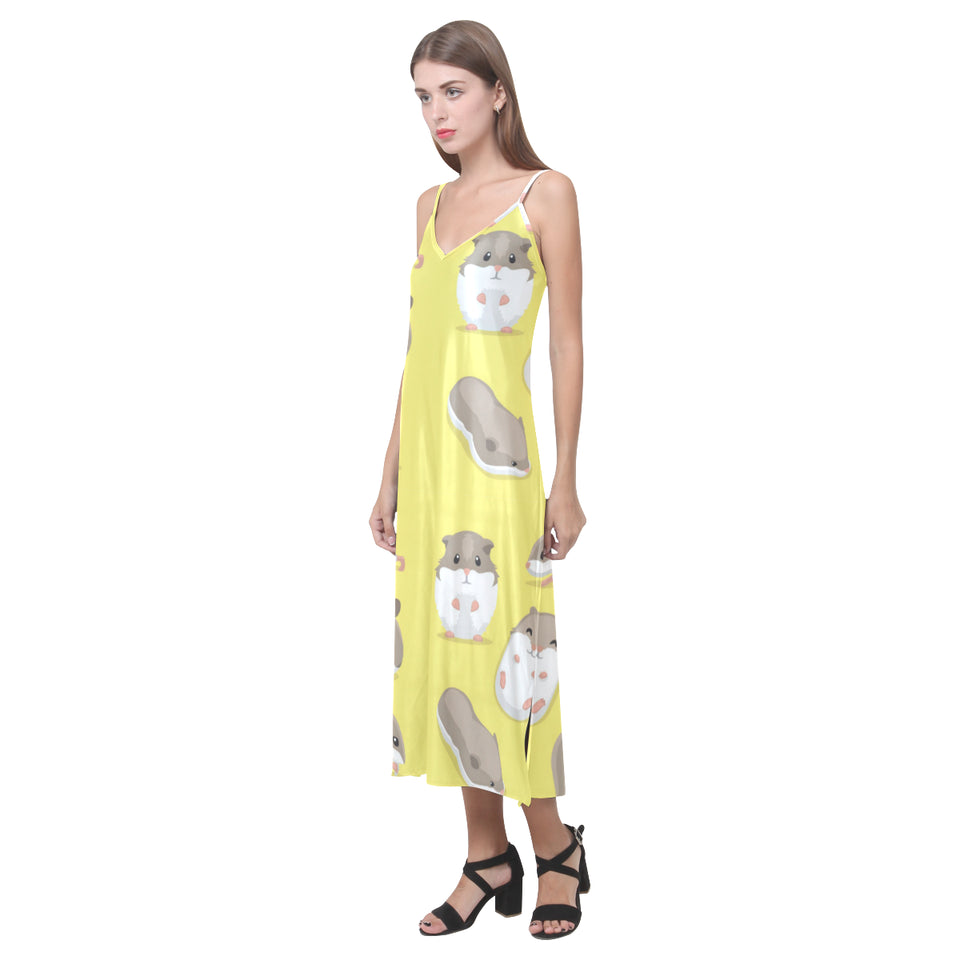 Cute Hamster pattern V-Neck Open Fork Long Dress
