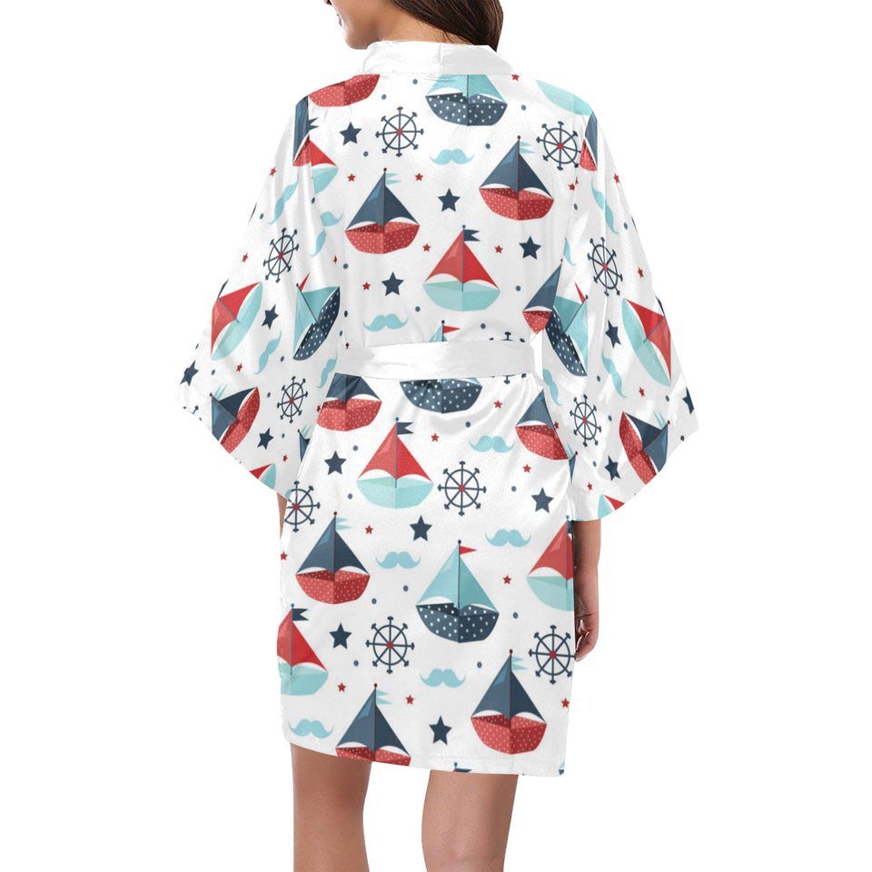 Cute color paper sailboat pattern Women's Short Kimono Robe