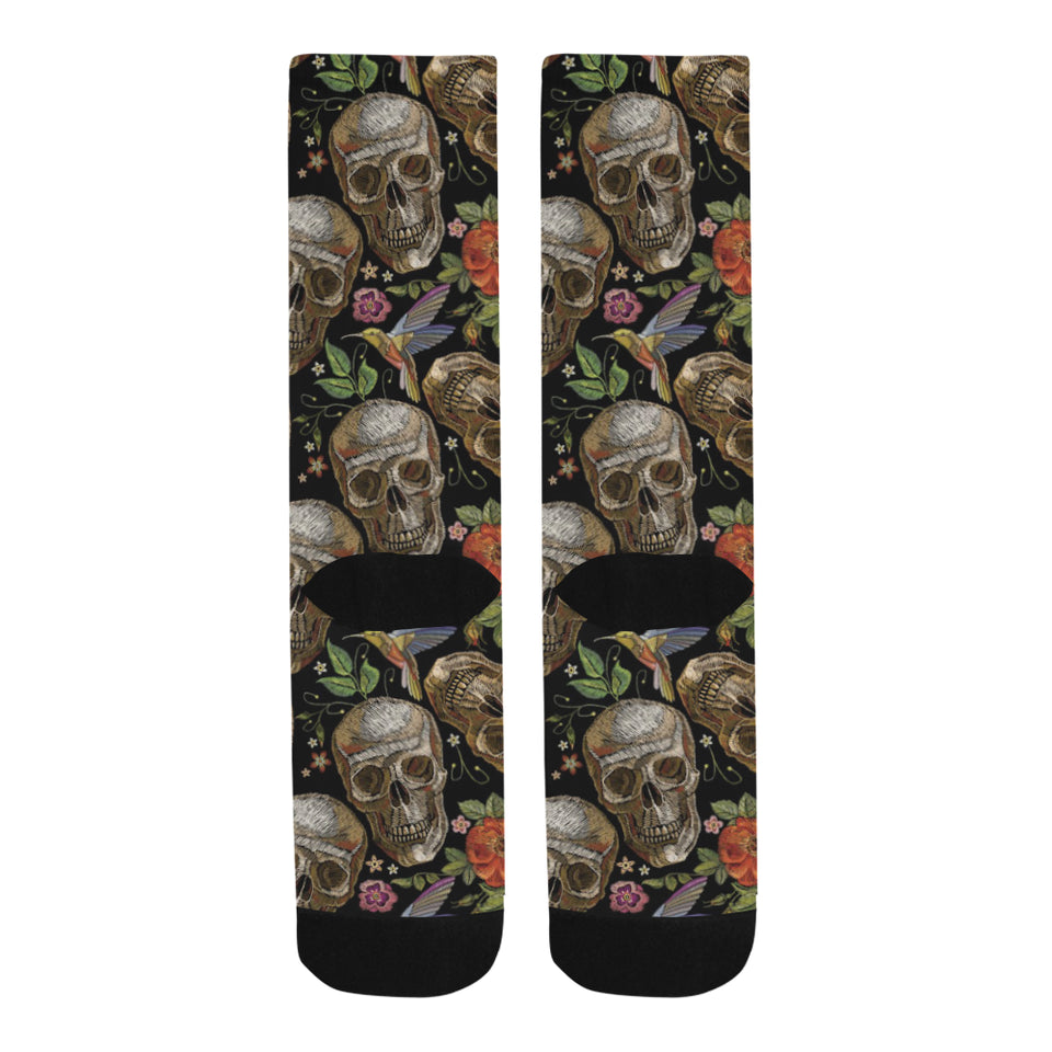 Skull rose humming bird flower pattern Crew Socks