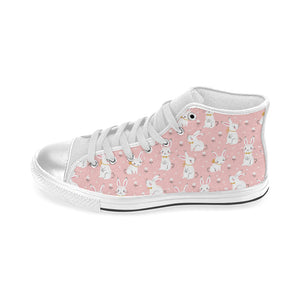 Cute white rabbit flower pink background Women's High Top Canvas Shoes White