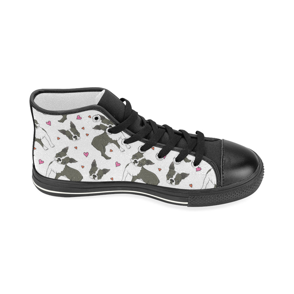 Boston terrier dog hearts vector pattern Women's High Top Canvas Shoes Black
