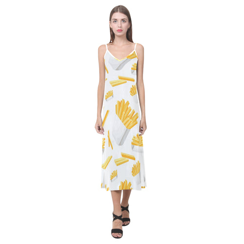 French fries white paper box pattern V-Neck Open Fork Long Dress