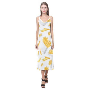 French fries white paper box pattern V-Neck Open Fork Long Dress