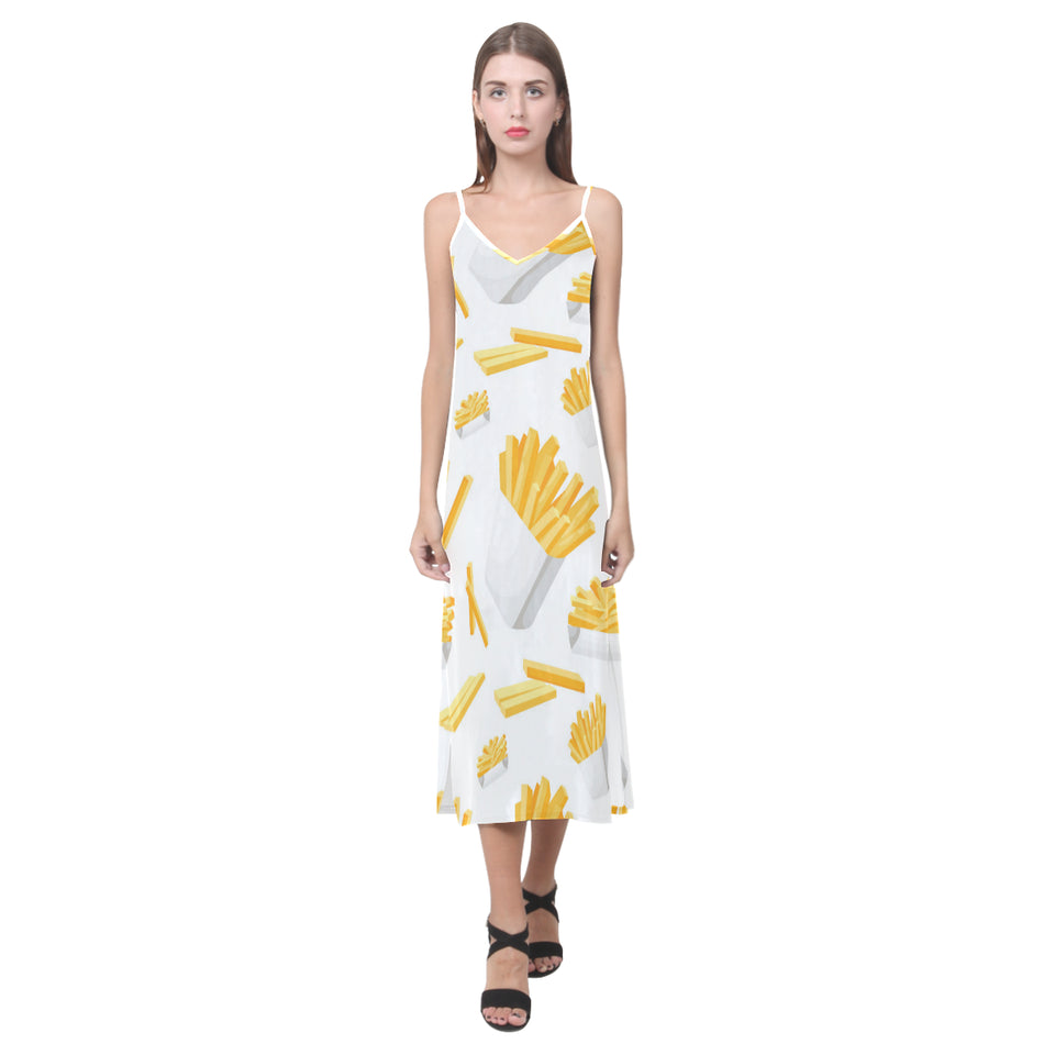 French fries white paper box pattern V-Neck Open Fork Long Dress