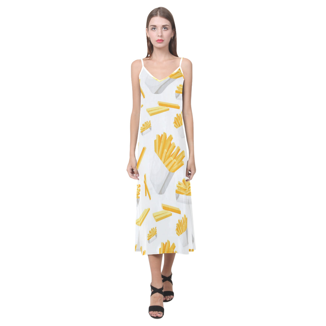 French fries white paper box pattern V-Neck Open Fork Long Dress