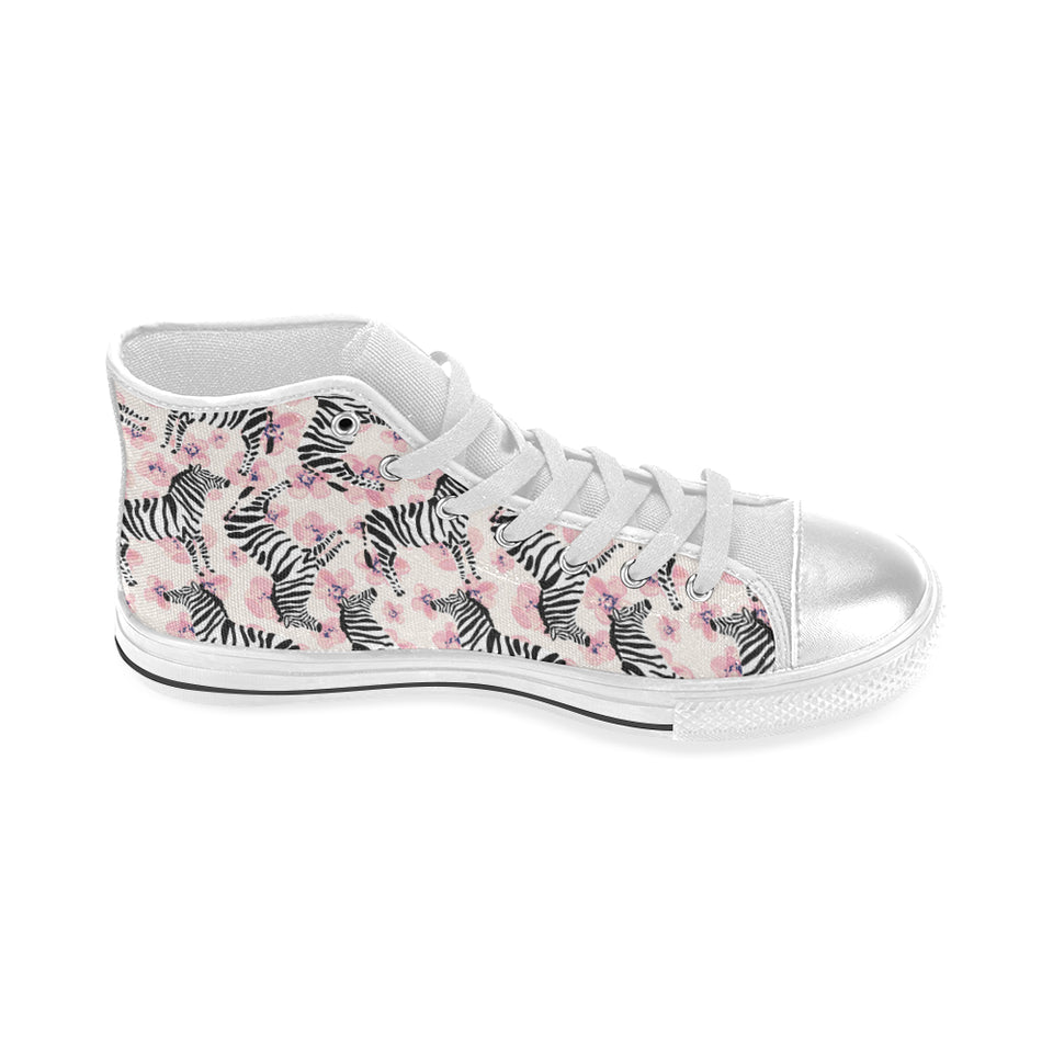 Zebra pink flower background Women's High Top Canvas Shoes White